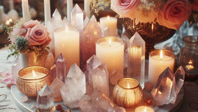 Pink Crystal Altar with Candles and Flowers
